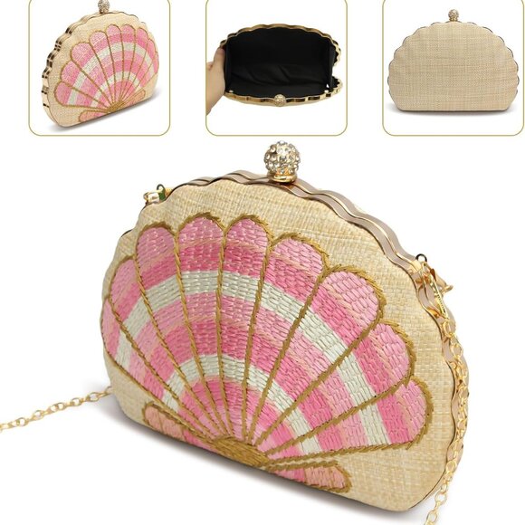Women's Large Woven Straw Embroidered Shellsea Pattern Clutch Bag with Dual Chai - Picture 3 of 7